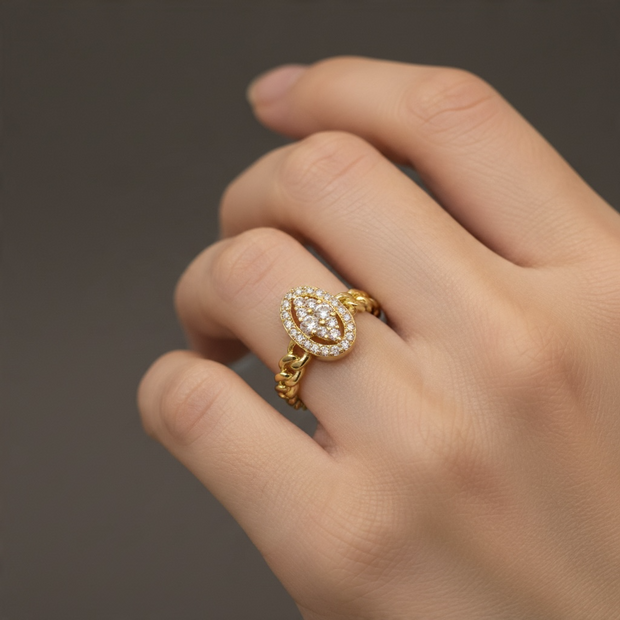 Bague Dorée Tressée – Ovale Scintillant