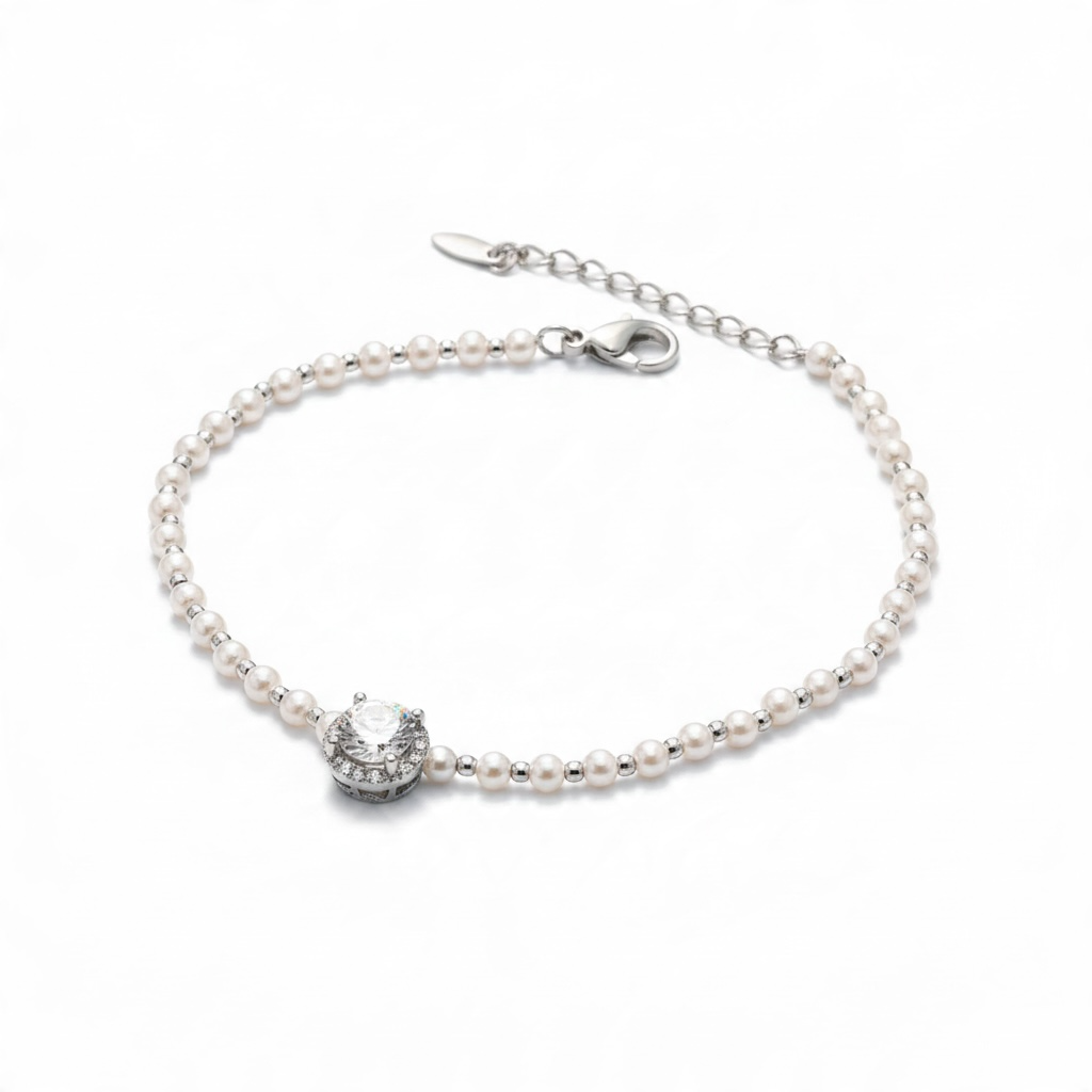 Bracelet Perles Nacrées avec Médaillon Rond Scintillant