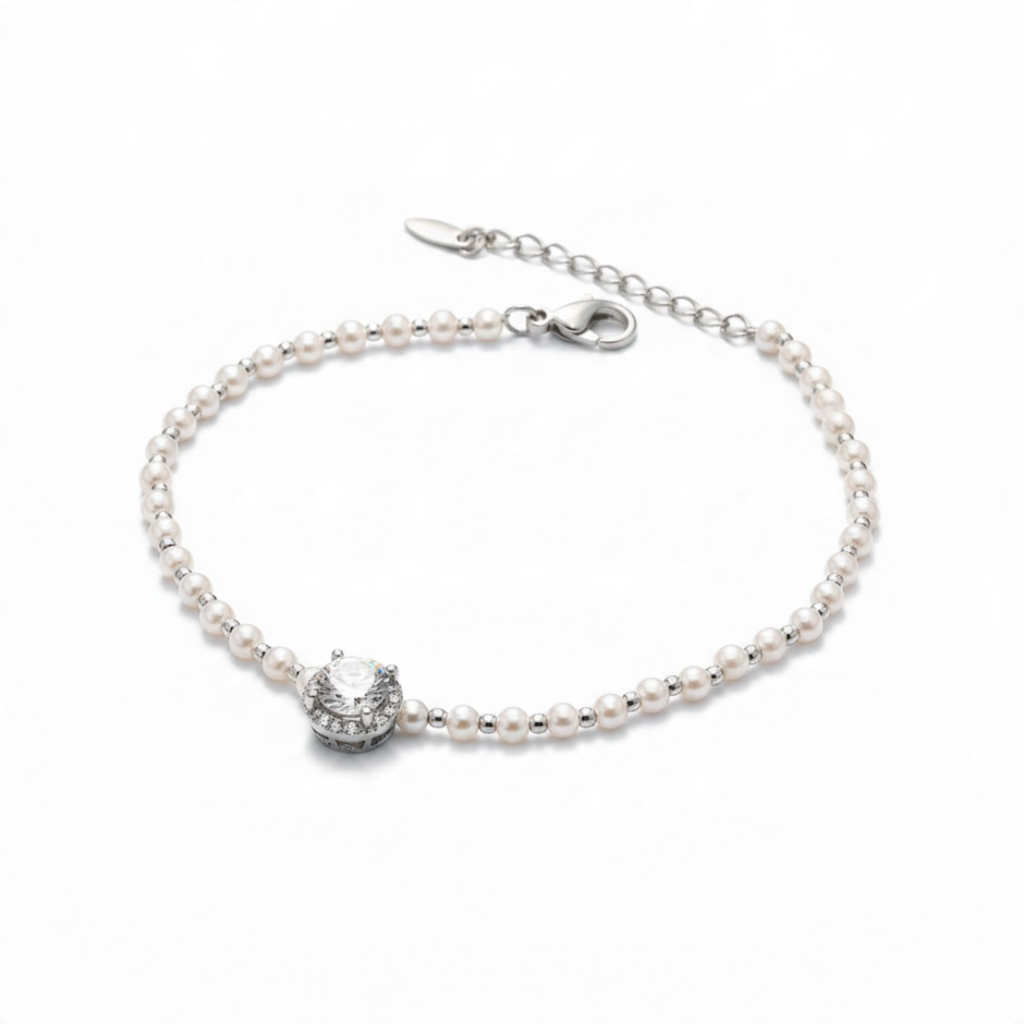 Bracelet Perles Nacrées avec Médaillon Rond Scintillant