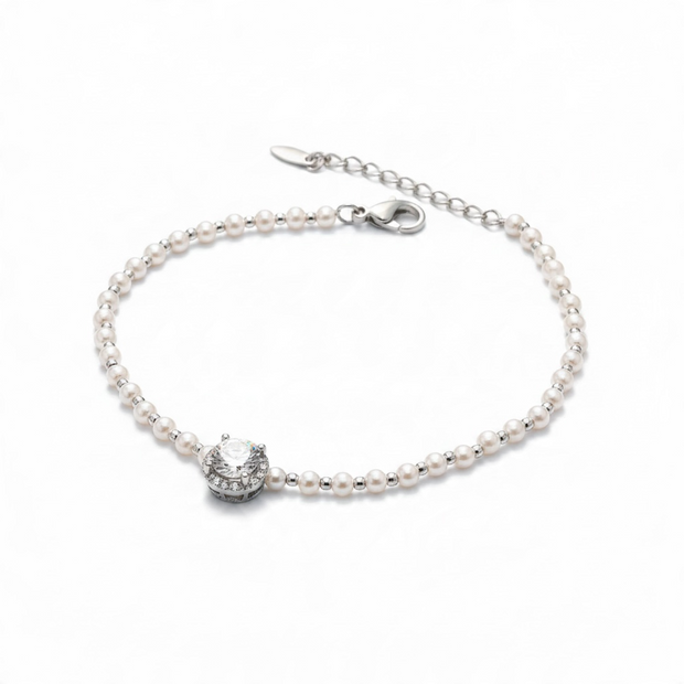 Bracelet Perles Nacrées avec Médaillon Rond Scintillant