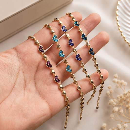 Bracelet Cœurs Cristal – Acier Inoxydable Doré | 4 Couleurs