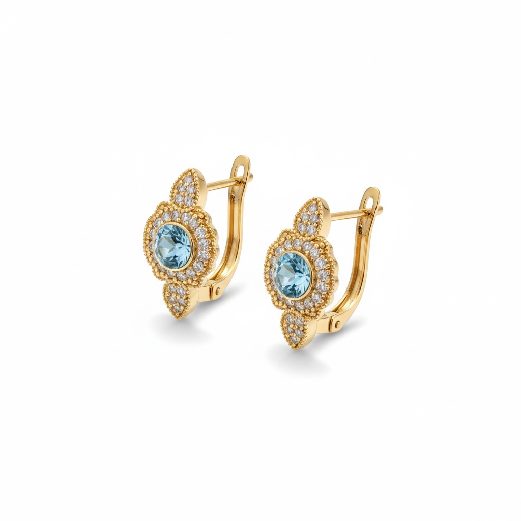 Boucles d’Oreilles Dorées avec Pierres Bleu Ciel et Cristaux Scintillants