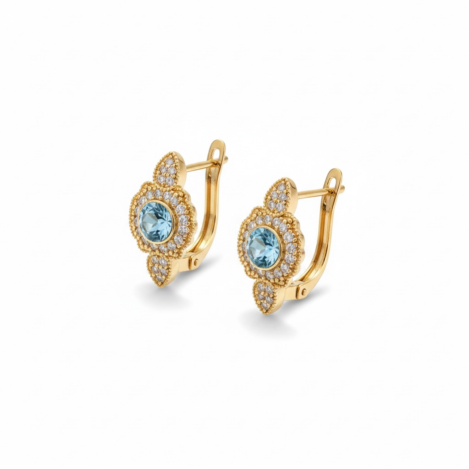 Boucles d’Oreilles Dorées avec Pierres Bleu Ciel et Cristaux Scintillants