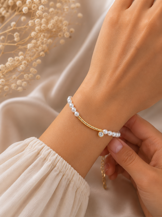 Bracelet Perles & Cristal Élégance – Doré