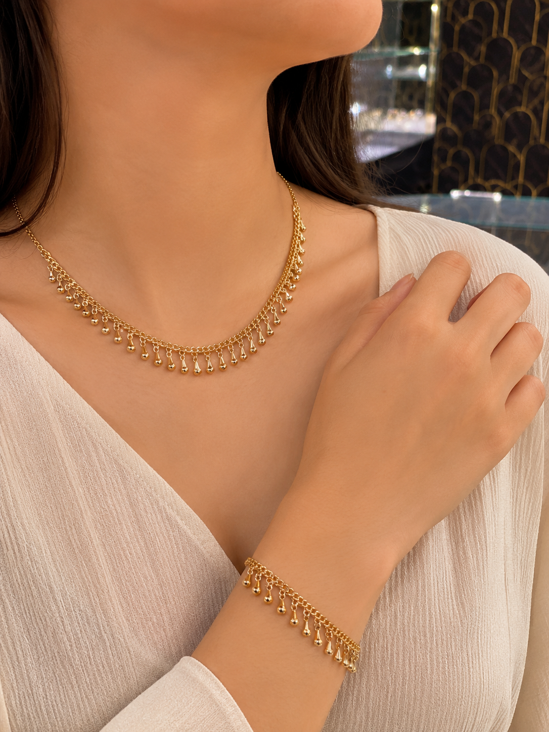 Parure Dorée Femme – Collier et Bracelet Pendants Gouttes