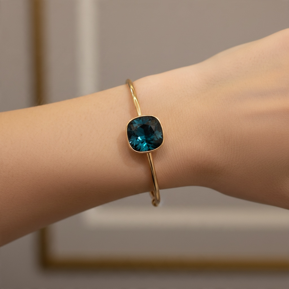 Bracelet Jonc Doré – Cristal Bleu Pétrole