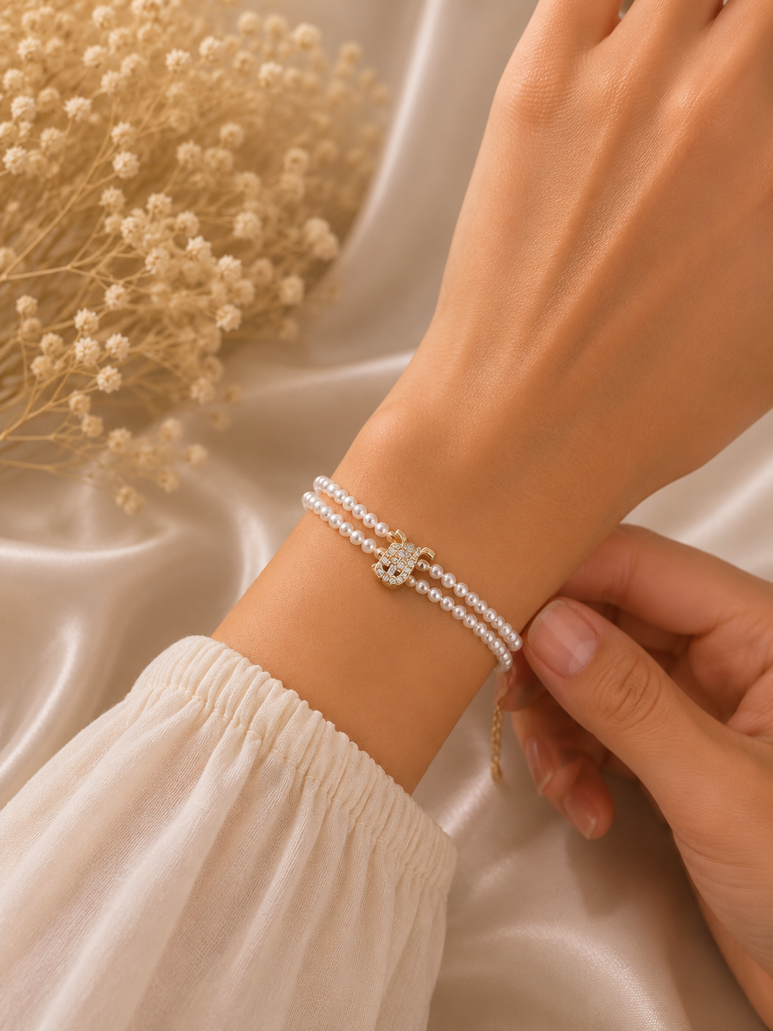 Bracelet Double Rang Perles & Cristaux – Élégance Dorée