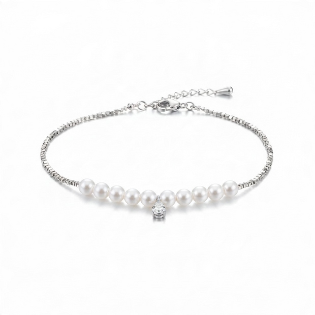 Bracelet Perles Nacrées Argenté avec Pendentif Strass ✨
