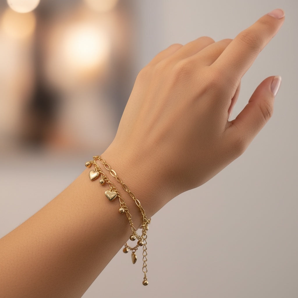ANIBA JEWELS rose gold gourmette bracelet with delicate chains and small heart charms, adjustable and elegant.